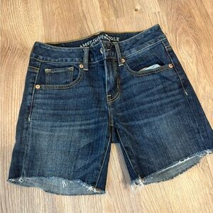 American Eagle Outfitters Midi Jean Shorts with Frayed Hem